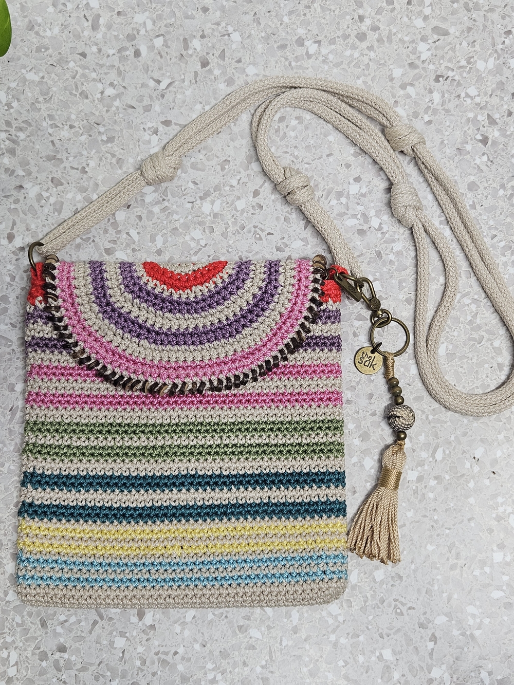 The Sak Multicolor Crochet Crossbody Bag Beige Rope Strap Tassel Boho Festival